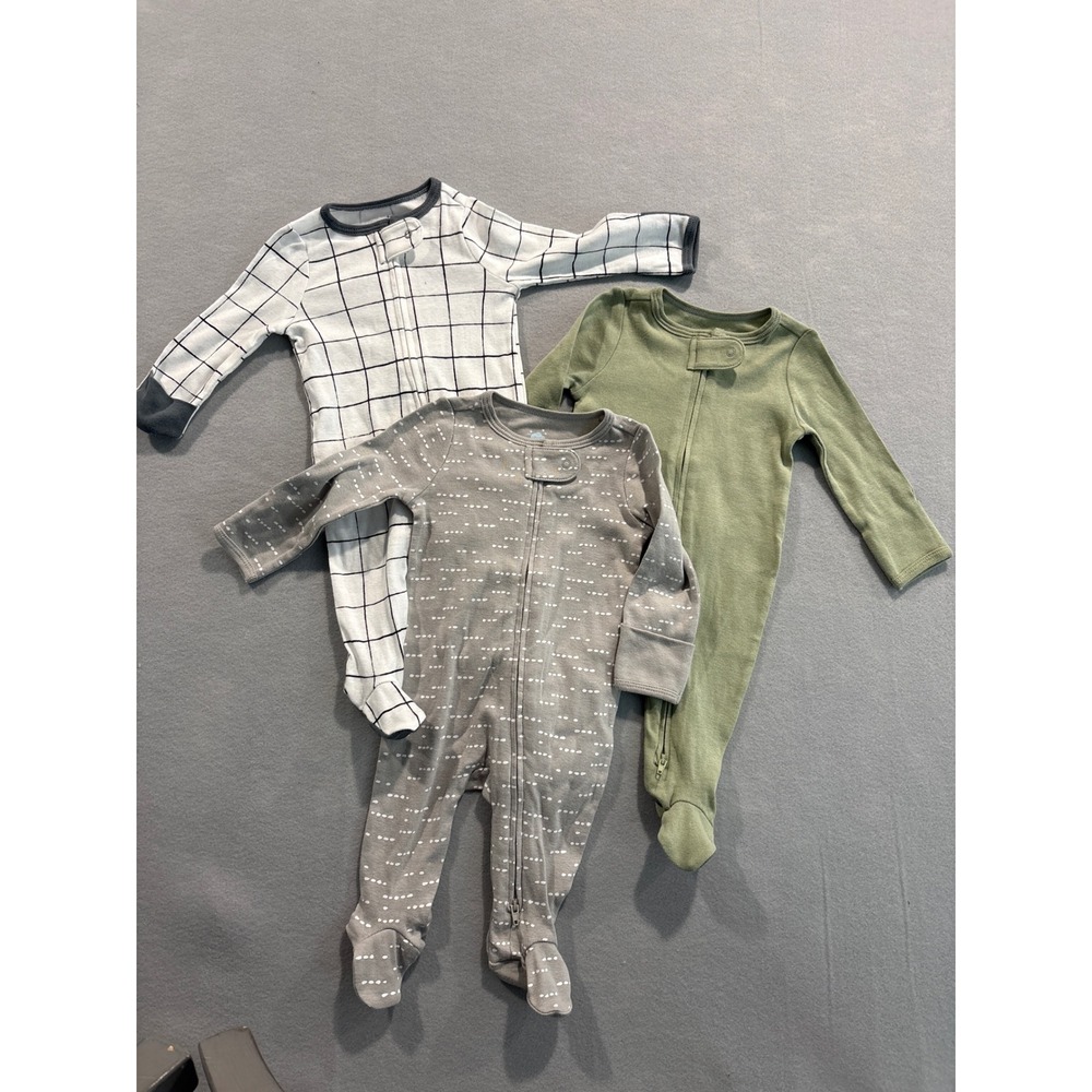 Cloud Island Baby 0-3M Sleep and Play Footed Pajamas Set of 3 Green Grey Grid